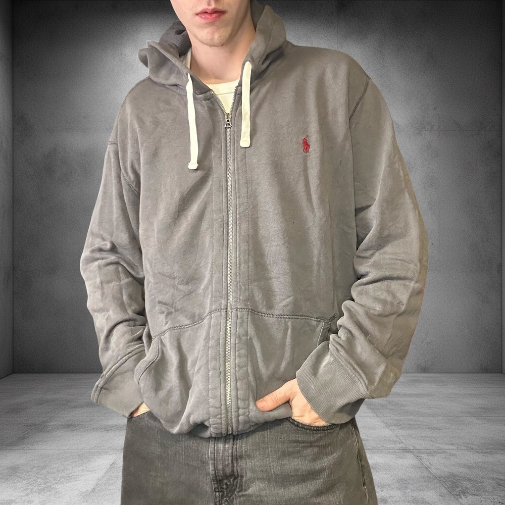 Polo Ralph Lauren Zip Hoodie XXL Grey Faded Distressed Y2K Baggy Skater Grunge